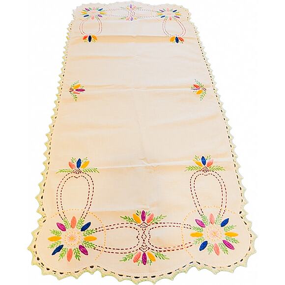 Vintage 40"x17" Hand-Embroidered Floral Boho Tablecloth Runner w/Crochet Trim - Picture 1 of 11